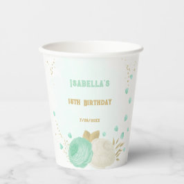 Vasos De Papel Romántico verde menta y flores blancas doradas