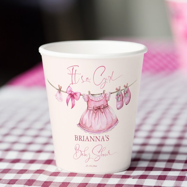 Vasos De Papel Ropa rosa perpendicular en una línea de personaliz (Preppy pink clothes on a line baby shower customized paper cups personalized baby shower tableware)
