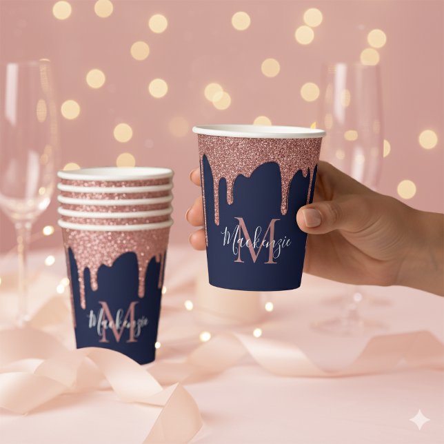 Vasos De Papel Rosa azul de la Marina Perforaciones Purpurinas de (Navy Blue Rose Gold Dripping Glitter Monogram Paper Cups)