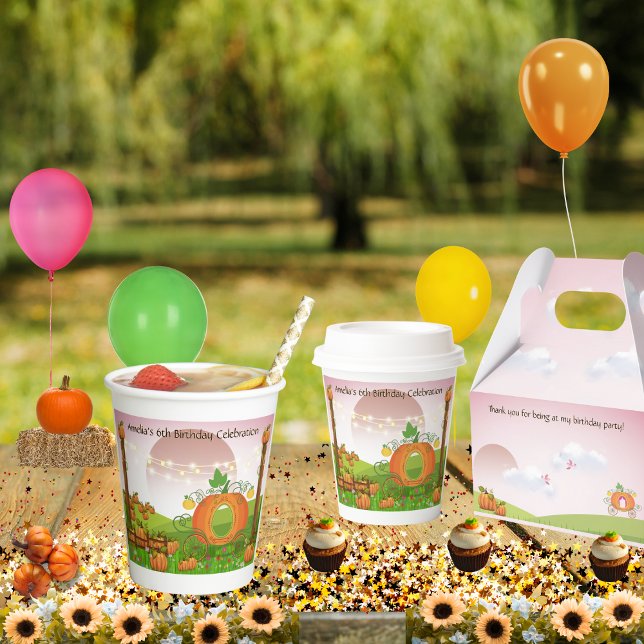Vasos De Papel Rosa capilar rosa con calabaza de cielo rosa Cumpl (Autumn sky pumpkin patch with whimsical carriage and personalized birthday or event celebration cups)