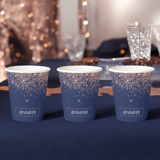Vasos De Papel Rosa de Oro Naval Monograma con Brillo (Subido por el creador)
