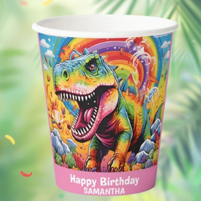 Vasos De Papel Rosa de un dinosaurio arcoiris salvaje (Fun Wild One Rainbow Dinosaur Pink Paper Cups for Parties)