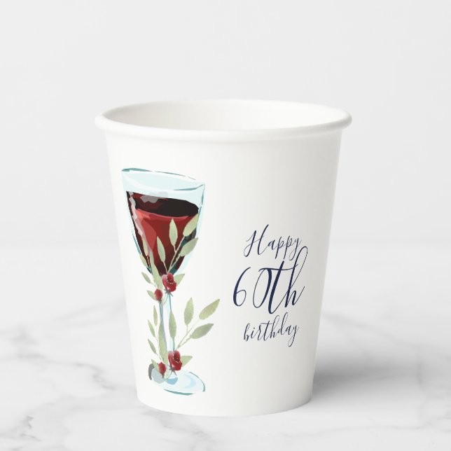 Vasos De Papel Rosa de vino rojo acuarela 60 cumpleaños (Anverso)