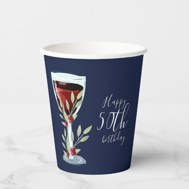 Vasos De Papel Rosa de vino rojo acuarela Marina azul 50 cumpleañ (Anverso)