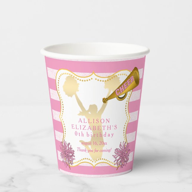 Vasos De Papel Rosa | Fiesta de cumpleaños del Chica de animadore (Anverso)