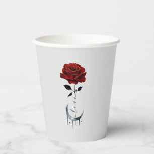 Vasos De Papel Rosa roja de tatuaje y luna de luna creciente con 