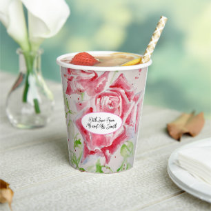 Vasos De Papel Rosa Roja Rosas Patrón de Flor Acuarela Boda