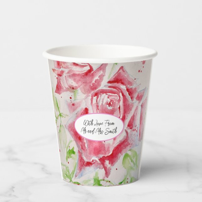 Vasos De Papel Rosa Roja Rosas Patrón de Flor Acuarela Boda (Anverso)