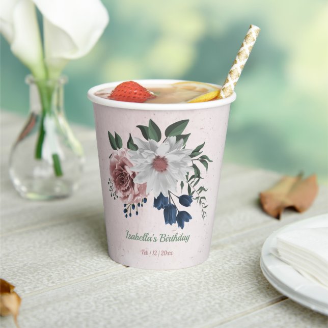 Vasos De Papel Rosa romántico blanco flores navy vegetación (in situ)