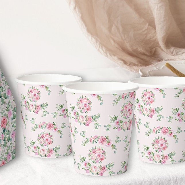 Vasos De Papel Rosa rosa floral Elegante Fiesta de té (Pink rose floral patterned paper cups from my Vintage Tea Party Baby Shower Collection)