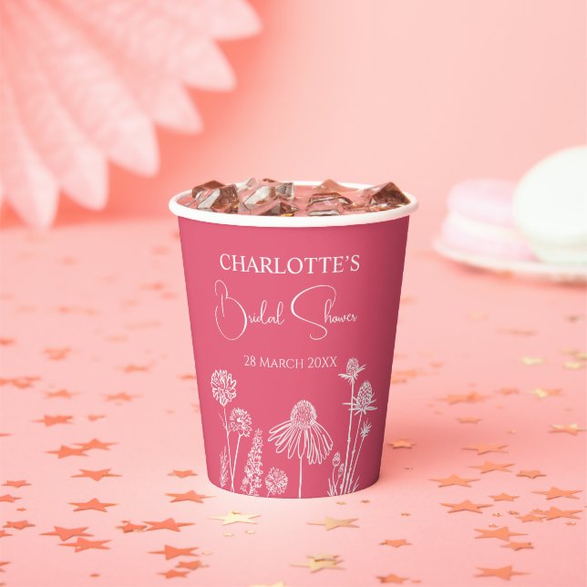 Vasos De Papel Rosa Wildflowers Sketched Floral Bridal Shower (in situ)