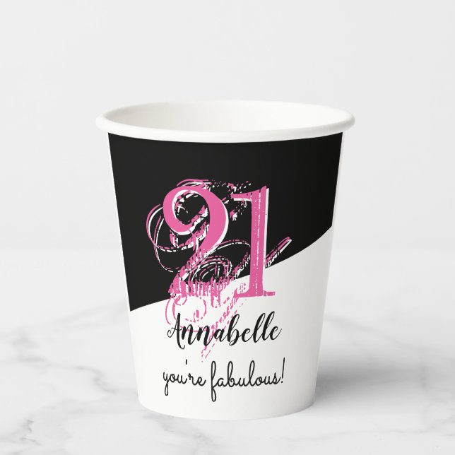 Vasos De Papel rosa y negro 21º cumpleaños (Anverso)