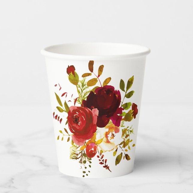 Vasos De Papel Rosas acuarela rojas y burdeos (Anverso)