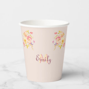 Vasos De Papel Rosas amarillas y rosadas en acuarela, Monograma
