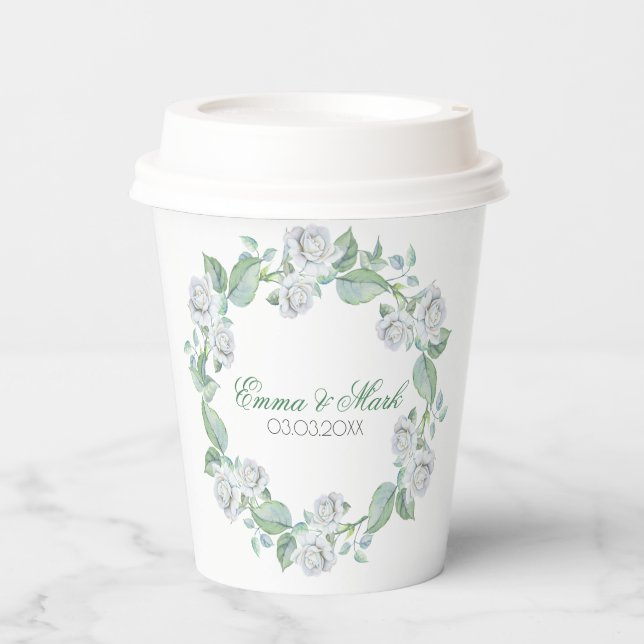 Vasos De Papel Rosas Blancas- Ahorra La Copa De Papel De Fecha (Anverso)