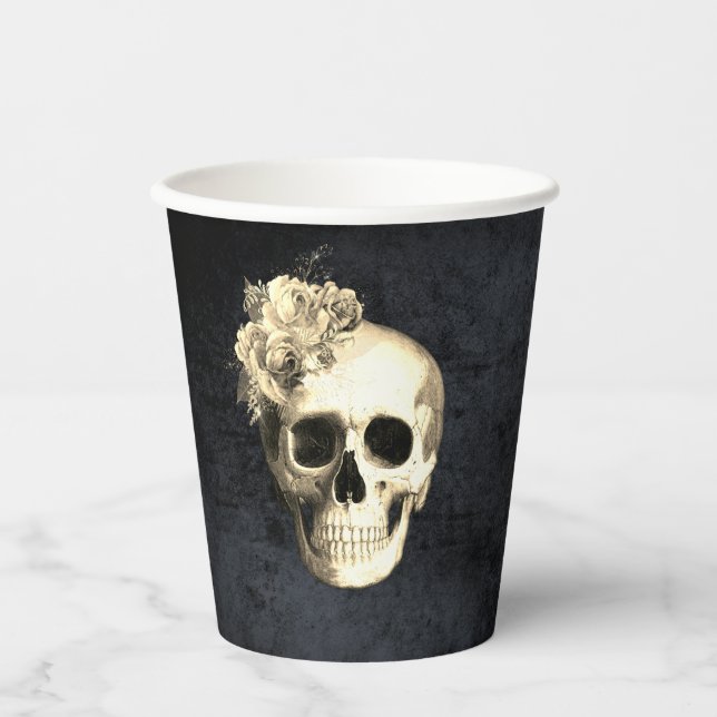 Vasos De Papel Rosas Blancas de la Calavera de Halloween (Anverso)