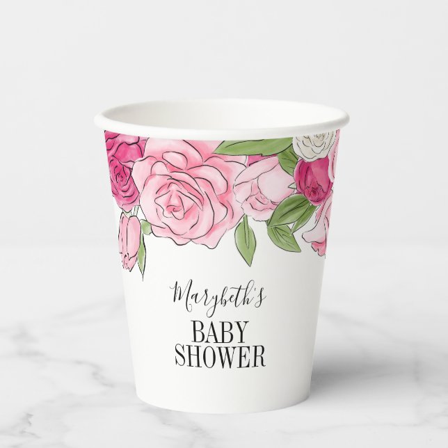 Vasos De Papel Rosas color agua rosa Baby Shower (Anverso)