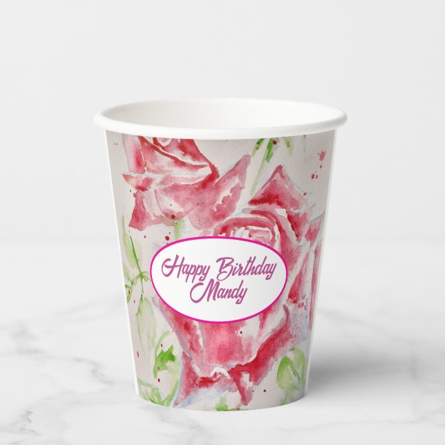 Vasos De Papel Rosas de la rosa roja Patrón de flores Placa Fiest (Anverso)