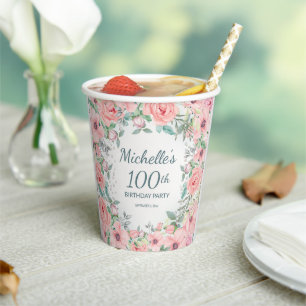 Vasos De Papel Rosas florales acuarela rosa rubor Cumpleaños 100