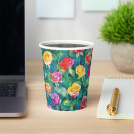 Vasos De Papel Rosas floreciendo patrón de acuarela