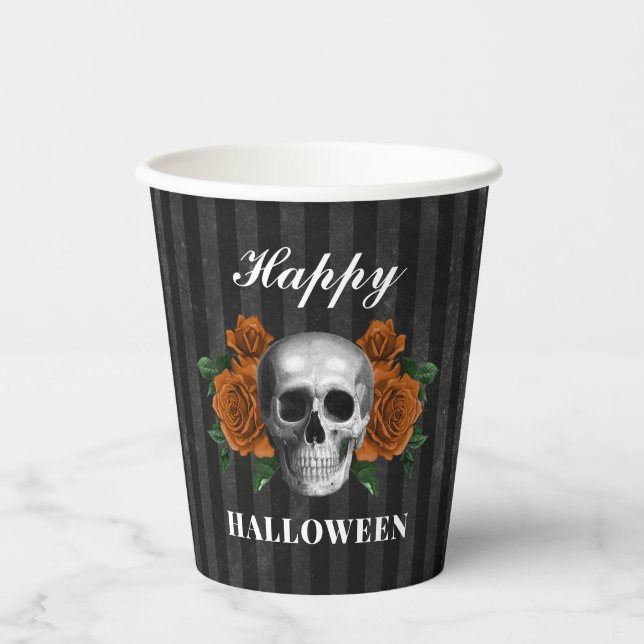 Vasos De Papel Rosas góticos y cráneo Feliz Halloween (Anverso)