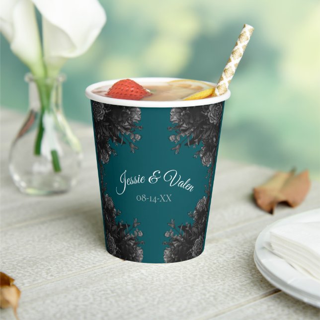 Vasos De Papel Rosas grises negras turquesa Bodas góticas (in situ)