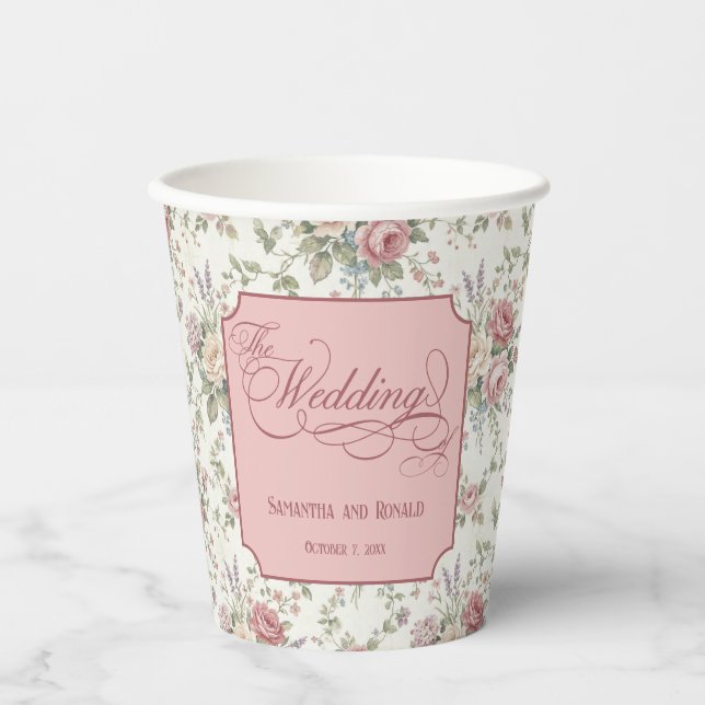 Vasos De Papel Rosas Pastel Elegantes Boda Shabby Chic (Anverso)