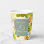 Vasos De Papel Rosas Peonies 70th Birthday Party Paper Cup<br><div class="desc">Patrón floral clásico de antiguos rosas silvestres y peonías sobre fondo bistre. Gráficos vintage muy elegantes con textos en una forma cuadrada gris pastel en la taza de papel de la fiesta de 70 años del personalizable. Puede cambiar fácilmente texto (fuente, tamaño, color y posición), diseño y forma (tamaño y...</div>
