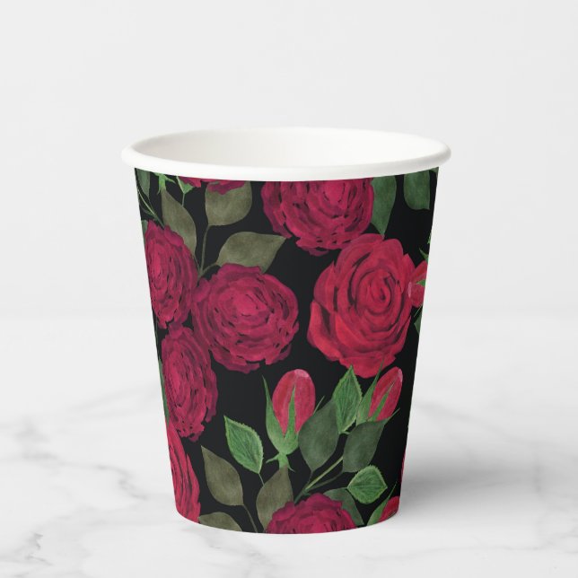 Vasos De Papel Rosas rojas en negro. (Anverso)