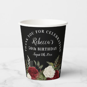 Vasos De Papel Rosas rojas en negro 50 cumpleaños gracias