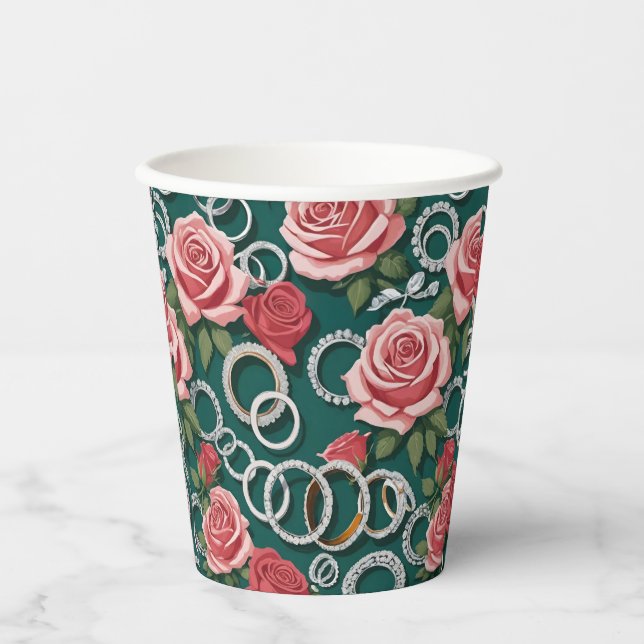 Vasos De Papel Rosas Románticas Y Anillos De Boda De Diamantes Br (Anverso)
