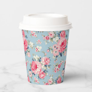 Vasos De Papel Rosas rosadas de algodón en fondo azul