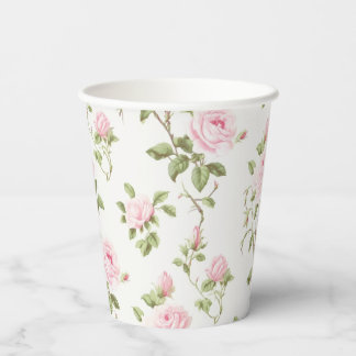 Vasos De Papel Rosas rosadas dispersas y ramitas Fiesta de Jardín