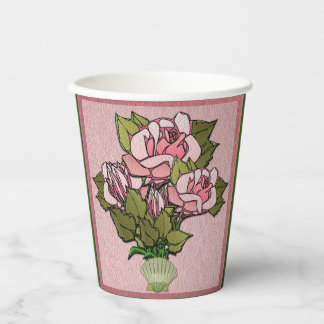 Vasos De Papel Rosas rosadas en jarrón de conchas marinas