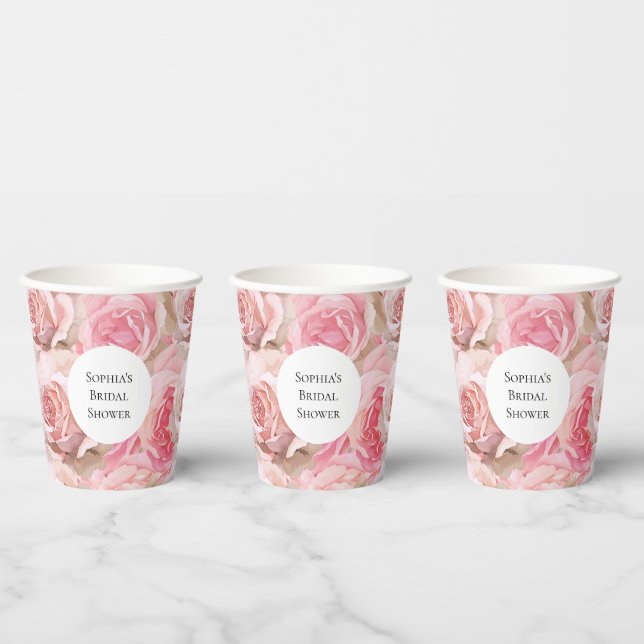 Vasos De Papel Rosas rosadas románticas, ducha de novia floral (Multi)