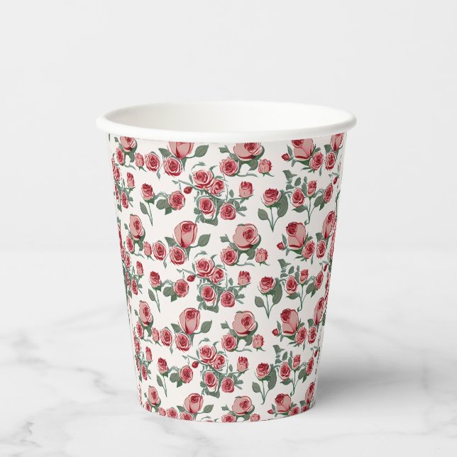 Vasos De Papel Rosas rosas rosas y patrón de hojas (Anverso)