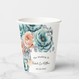 Vasos De Papel Rosas Turquesa y Melocotón Diamante Boda