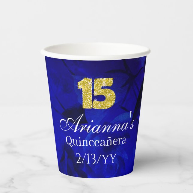Vasos De Papel Royal Blue, Gold 15 and Tiara Quinceanera (Anverso)