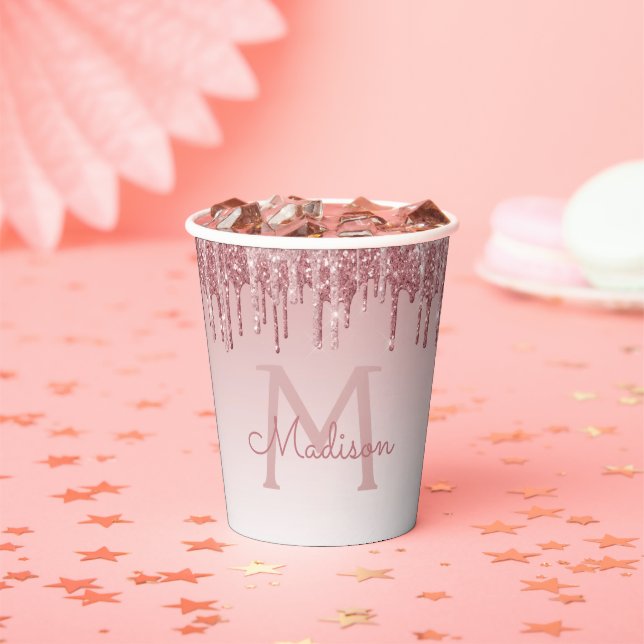 Vasos De Papel Rubor de oro rosa brillo rosa y destellos monogram (in situ)