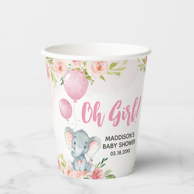 Vasos De Papel Rubor Pink Elephant Baby Shower (Anverso)