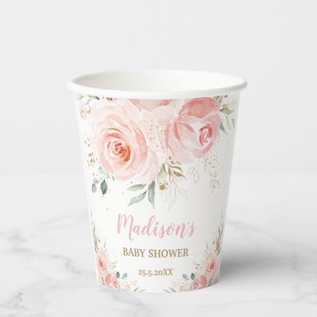 Vasos De Papel Rubor Pink Floral Gold Bridal Baby Shower Cumpleañ (Anverso)