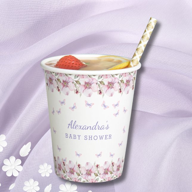 Vasos De Papel Rubor Pink Floral Whimsical Butterfly Baby Shower (Subido por el creador)