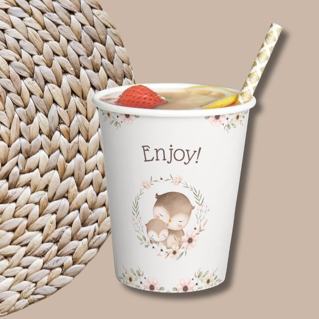 Vasos De Papel Rubor Pink Floral Woodland Owl Baby Shower (Subido por el creador)