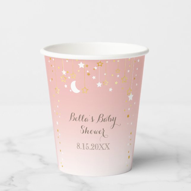 Vasos De Papel Rubor Pink Stars Moon Baby Shower (Anverso)