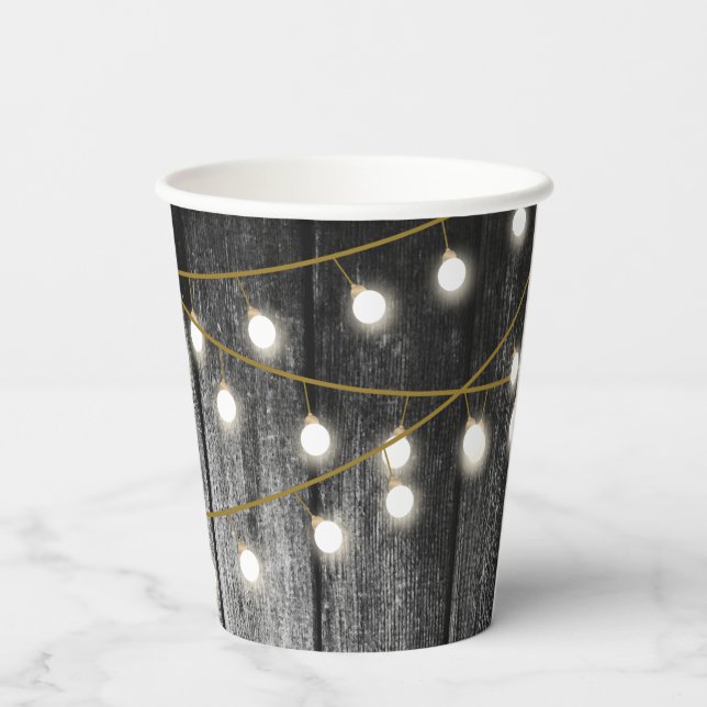 Vasos De Papel Rustic Barn Black Wood Gold String Luces (Reverso )