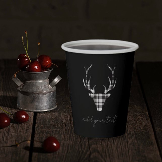 Vasos De Papel Rustic Elegant Christmas Plaid Deer (chic black paper cup for christmas party. black plaid deer design)