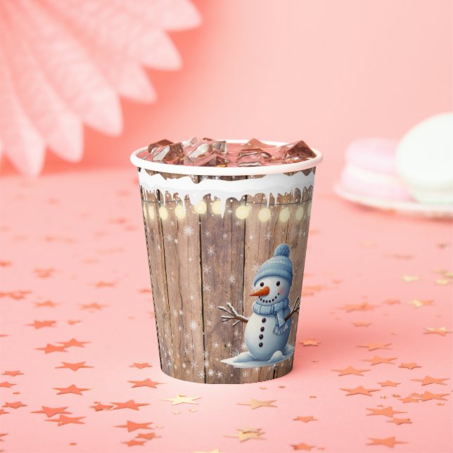 Vasos De Papel Rustic Modern Elegant Blue Snowman Baby Shower (in situ)