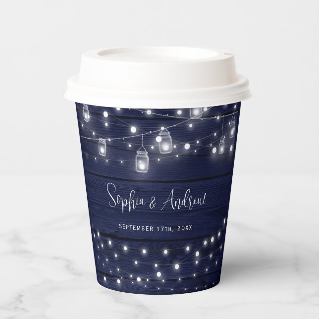 Vasos De Papel Rustic Navy Wood Mason Jars Lights Wedding (Anverso)