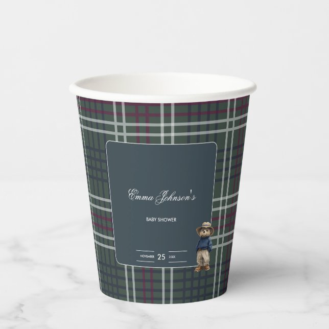 Vasos De Papel Rustic Tartan Bear Baby Shower (Anverso)