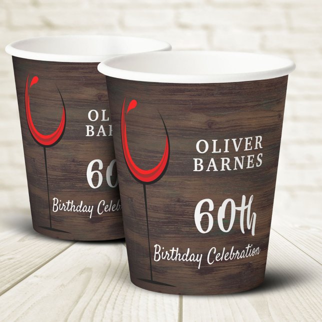 Vasos De Papel Rustic Wood Red Wine 60th Birthday Party (Subido por el creador)